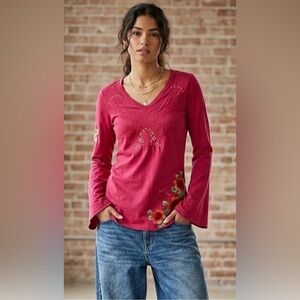 Johnny Was Vibrant Red Floral Embroidered Long Sleeve Top